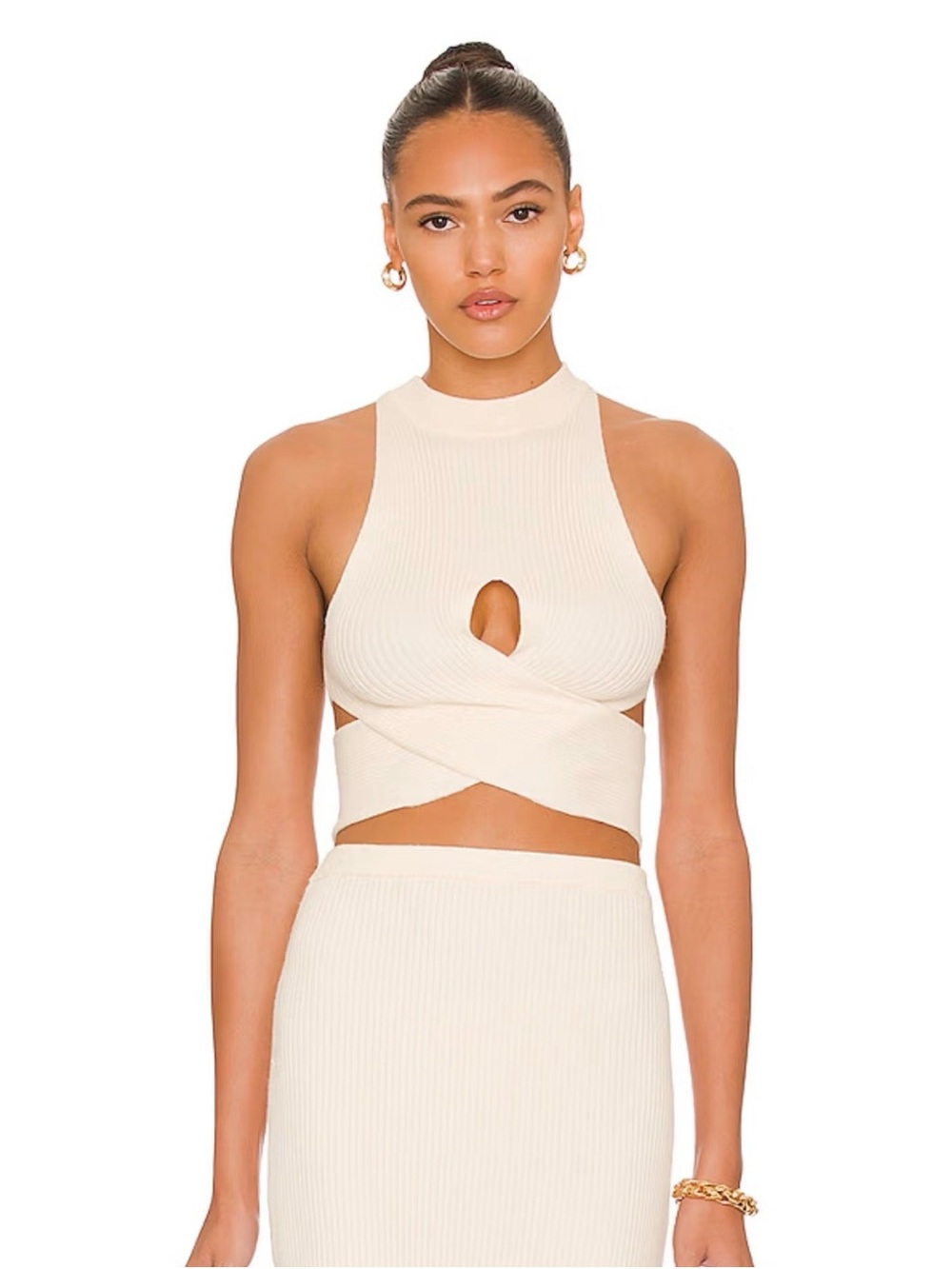 Camila Coelho Ribbed Cutout Wrap Crop Top Cream Ivory Knit Mock Neck Size Small